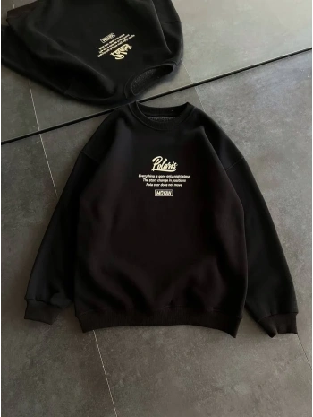 Kadın 3 iplik Pamuklu Bisiklet Yaka Baskılı SweatShirt - Siyah