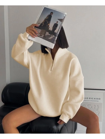 Kadın 3 İplik Pamuklu Oversize Yarım Fermuarlı Yakalı Basic Sweatshirt - Bej