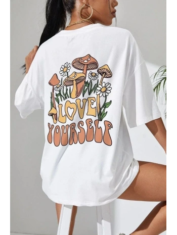 Kadın Baskılı Oversize kısa kol T-Shirt - Beyaz