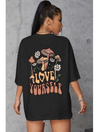 Kadın Baskılı Oversize kısa kol T-Shirt - Siyah