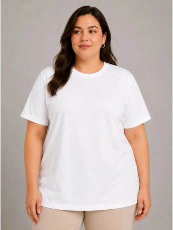 Kadın Battal Big Size Basic Tişört Bisiklet Yaka Rahat Kalıp T-Shirt - Beyaz