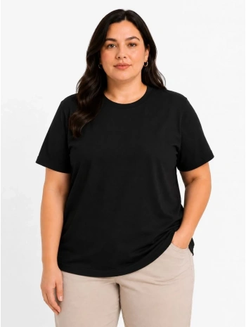 Kadın Battal Big Size Basic Tişört Bisiklet Yaka Rahat Kalıp T-Shirt - Siyah