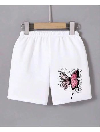Kadın Beli Lastikli Baskılı Mini Şort - Beyaz