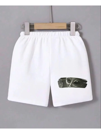 Kadın Beli Lastikli Baskılı Mini Şort - Beyaz
