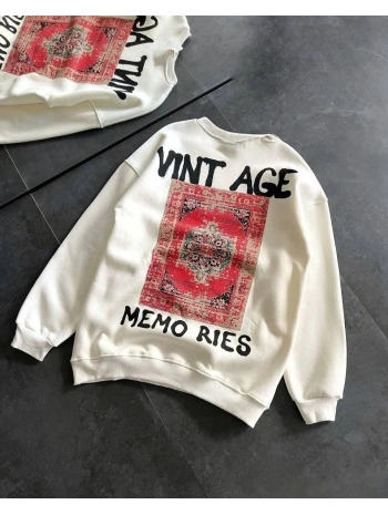 Kadın Bisiklet Yaka 3 İplik Baskılı Oversize SweatShirt - Beyaz