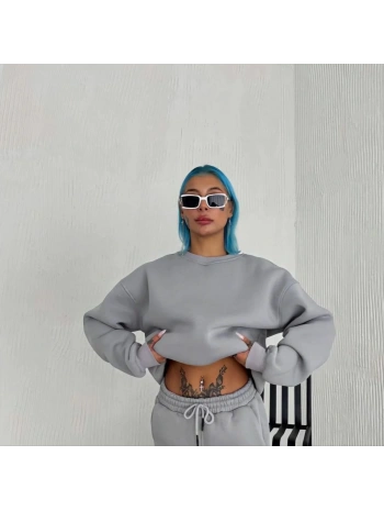 Kadın Bisiklet Yaka 3 İplik Pamuklu Basic SweatShirt - Gri