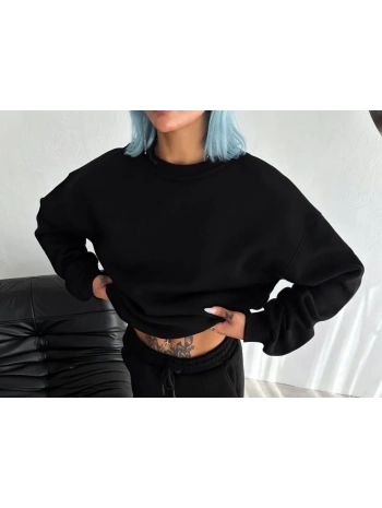 Kadın Bisiklet Yaka 3 İplik Pamuklu Basic SweatShirt - Siyah