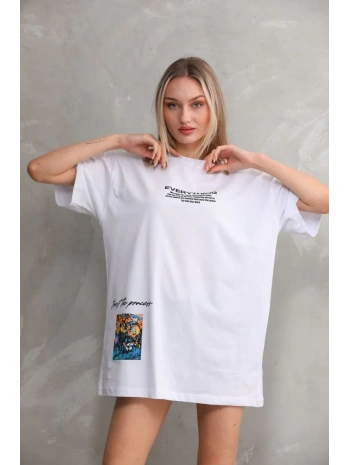 kadın Bisiklet Yaka Baskılı Oversize T-Shirt - Beyaz