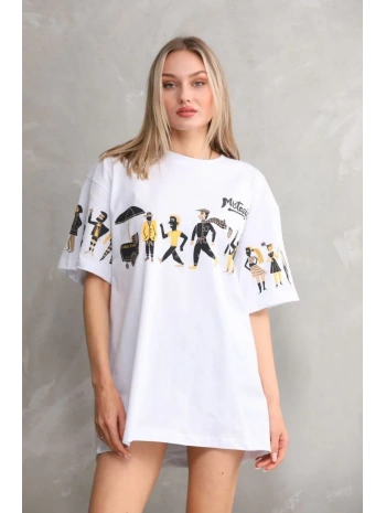 kadın Bisiklet Yaka Baskılı Oversize T-Shirt - Beyaz