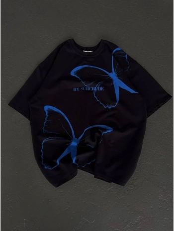 kadın Bisiklet Yaka Baskılı Oversize T-Shirt - Siyah