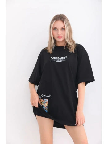 kadın  Bisiklet Yaka Baskılı Oversize T-Shirt - Siyah