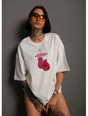 kadın Bisiklet Yaka Boks Eldiven Baskılı Oversize T-Shirt - Beyaz