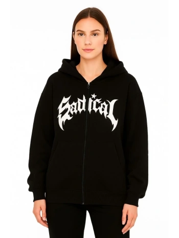 Kadın Kapüşonlu 3 İplik Şardonlu Önü Baskılı Fermuarlı Oversize Sweatshirt - Siyah