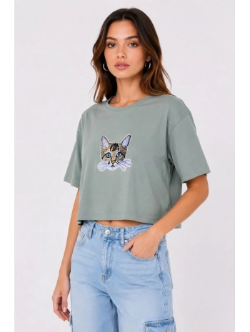 Kadın Kedi Baskılı Oversize Crop Tişört Salaş Basic Yarım Kol T-shirt - Mint Yeşili