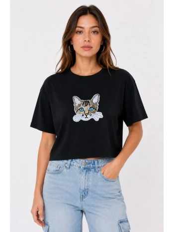 Kadın Kedi Baskılı Oversize Crop Tişört Salaş Basic Yarım Kol T-shirt - Siyah