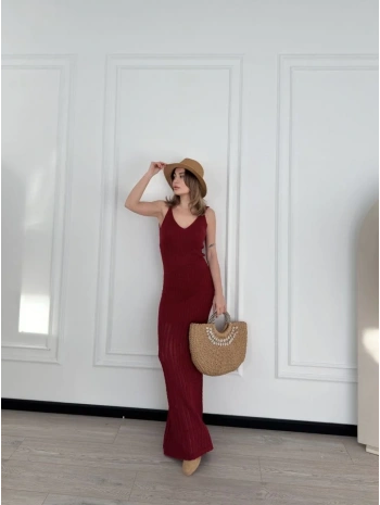 Kadın Örgülü Uzun Triko Elbise - Bordo