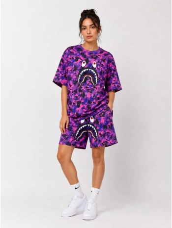 Kadın Oversize Kalıp Pubg Bape X Shark Nakışlı Cepli Şort Takım - Mor
