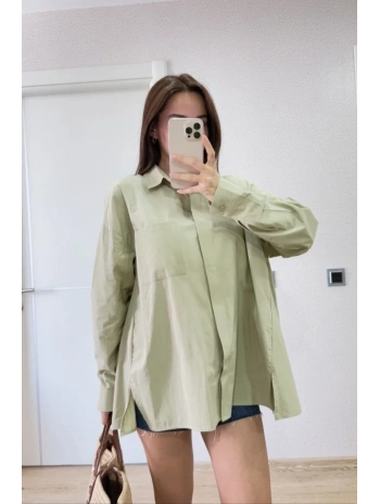 Kadın Oversize Pens Detaylı Cepli Yırtmaçlı Rahat Kalıp Poplin Gömlek - Yeşil