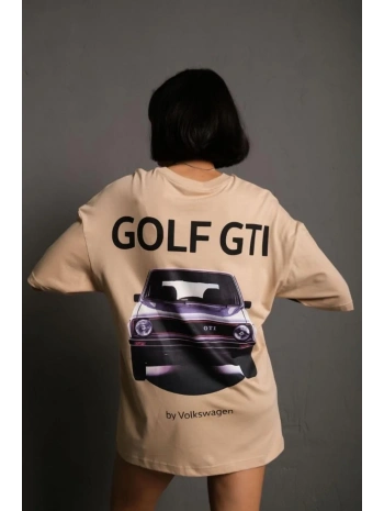 Kadın Oversize Tişört Golf GTI Retro Araba Baskılı T-shirt - Bej