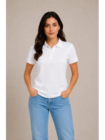 Kadın Polo Yaka Pike Kumaş Düğmeli Basic Tişört Günlük Rahat - Beyaz