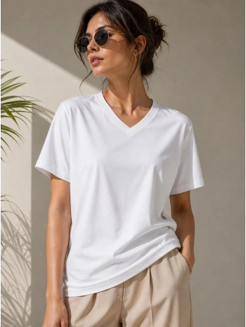 Kadın V Yaka Basic Tişört Kısa Kol Yazlık Regular Fit T-Shirt - Beyaz