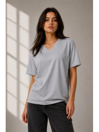 Kadın V Yaka Basic Tişört Kısa Kol Yazlık Regular Fit T-Shirt - Gri