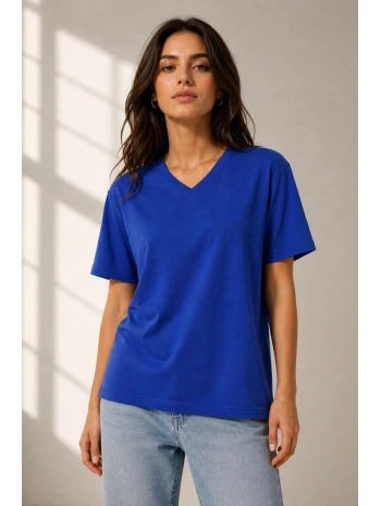 Kadın V Yaka Basic Tişört Kısa Kol Yazlık Regular Fit T-Shirt - Saks Mavisi