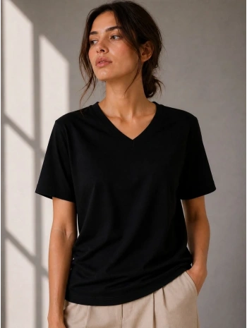 Kadın V Yaka Basic Tişört Kısa Kol Yazlık Regular Fit T-Shirt - Siyah