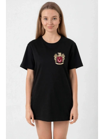 Türk Arma Baskılı Oversize Bisiklet Yaka Günlük T-shirt - Siyah