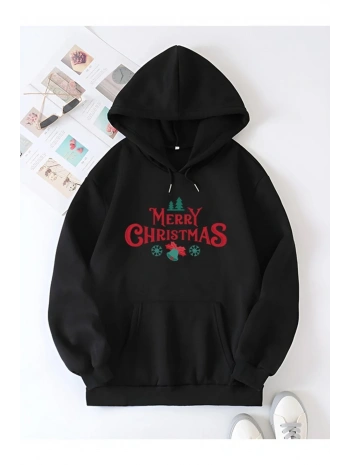 Yılbaşı Merry Christmas Baskılı Oversize Kapüşonlu Sweatshirt Hoodie - Siyah