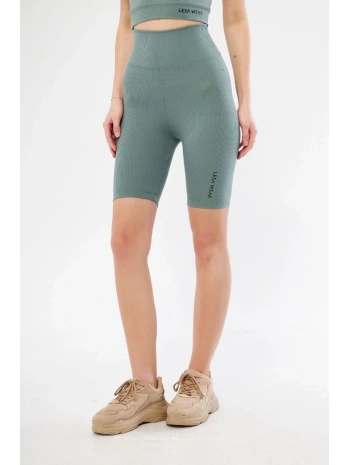 Yüksek Bel Fitilli Biker Baskılı Şort - Mint Yeşili