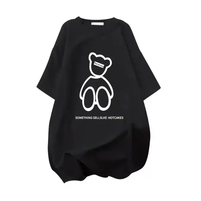 20/1 Penye Compack Ön Arka Baskılı Oversize Bisiklet Yaka T-shirt - Siyah