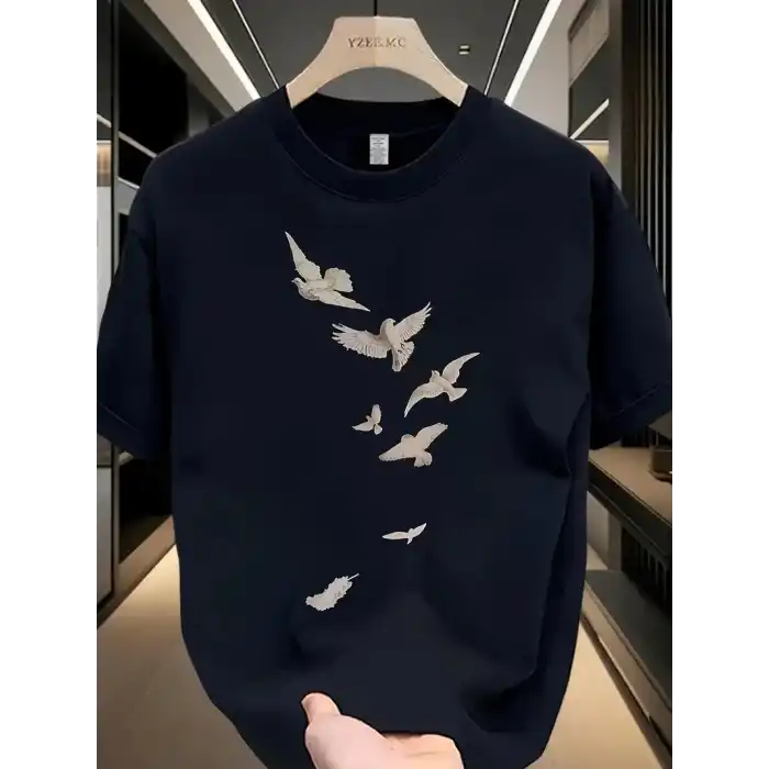 20/1 Penye Compack Özgür kuşlar Baskılı Baskılı Oversize Bisiklet Yaka T-shirt - Beyaz