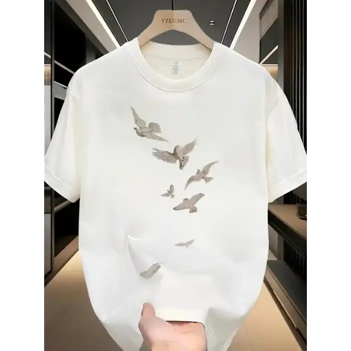 20/1 Penye Compack Özgür kuşlar Baskılı Oversize Bisiklet Yaka T-shirt - Beyaz