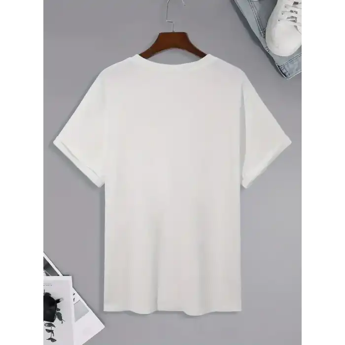 20/1 Penye Compack Palmiye Ön Baskılı Oversize Bisiklet Yaka Kısa Kol Yazlık T-shirt - Beyaz