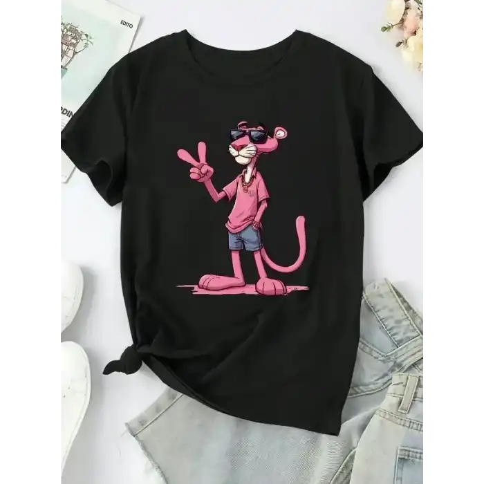 20/1 Penye Compack Pembe Panter Baskılı Oversize Bisiklet Yaka Kısa Kol Yazlık T-shirt - Beyaz