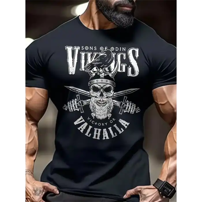 20/1 Penye Compack Vikings Valhalla Baskılı Oversize Bisiklet Yaka T-shirt - Siyah