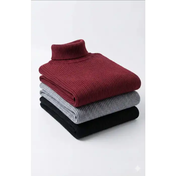 3lü Siyah, Bordo, Gri Unisex Kaşkorse Boğazlı Full Likralı Fitilli Body Kazak