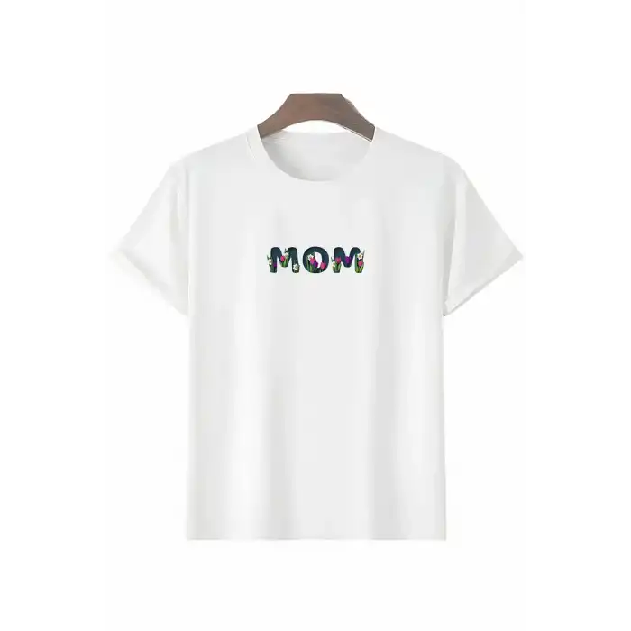 Anneler Gününe Özel Tasarım mom Çiçek Baskılı T-shirt - Beyaz