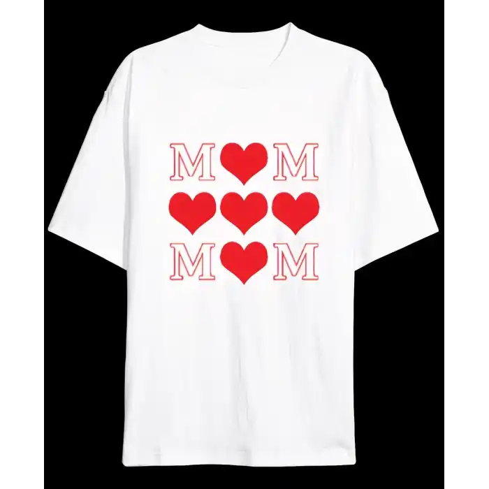 Anneler Gününe Özel Tasarım MOM Kalp Baskılı T-shirt - Beyaz