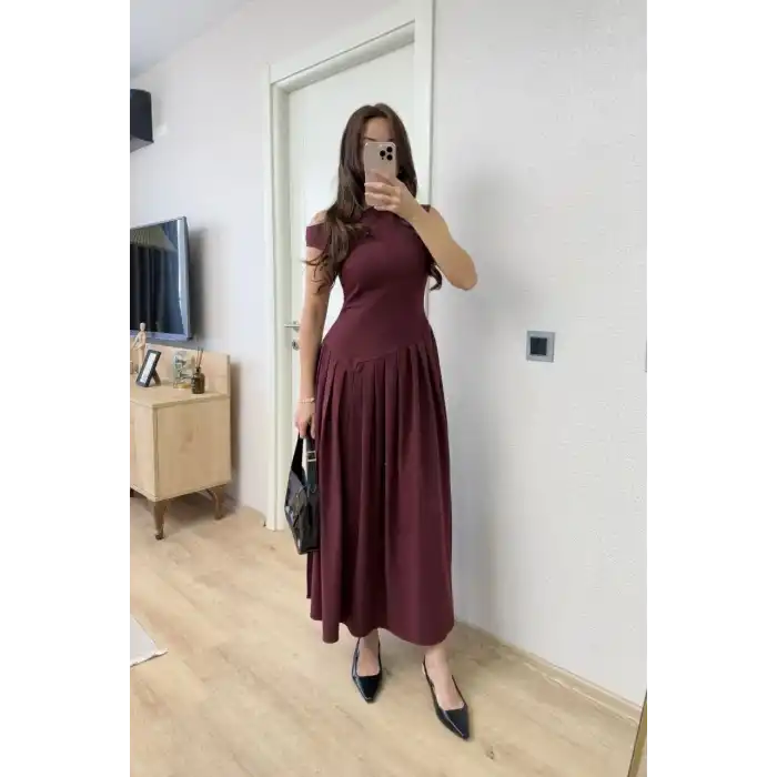 Asimetrik düşük yaka Kolsuz Uzun Elbise - Bordo