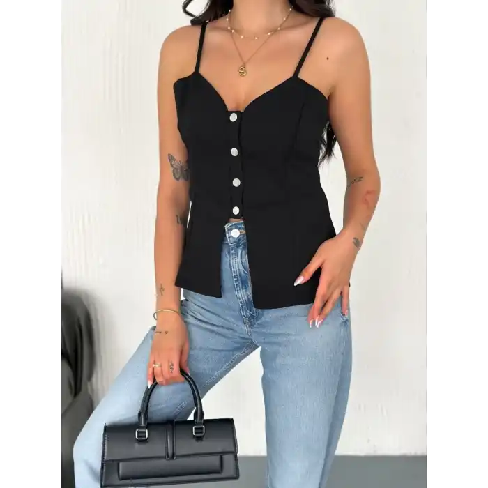 Askılı Dekolte deraylı bluz crop - Siyah