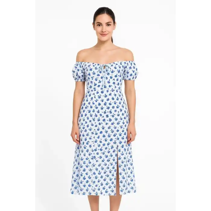 Bardot Omuzu Acık Çiçek Desenli Elbise - Desenli
