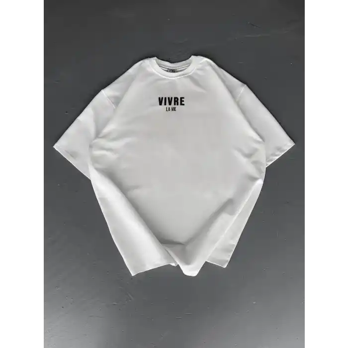 Baskılı Oversize Bisiklet Yaka T-shirt - Beyaz