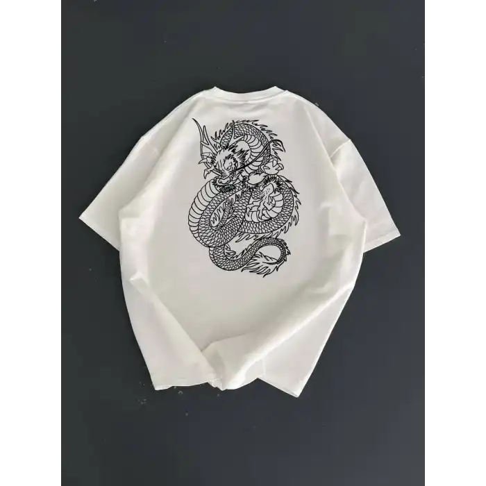 Baskılı Oversize Bisiklet Yaka T-shirt - Beyaz