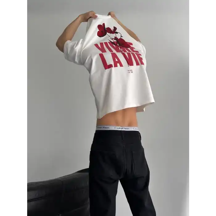 Baskılı Oversize Bisiklet Yaka T-shirt - Beyaz