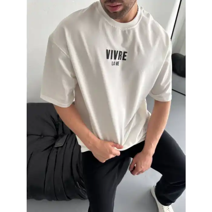 Baskılı Oversize Bisiklet Yaka T-shirt - Beyaz