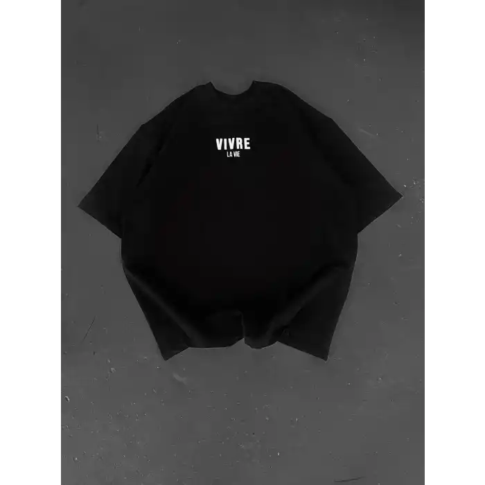 Baskılı Oversize Bisiklet Yaka T-shirt - Siyah