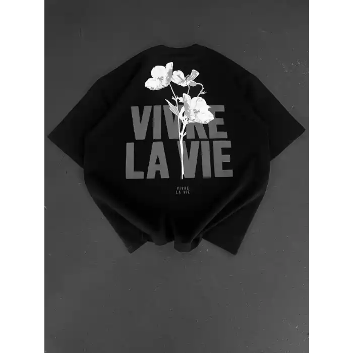 Baskılı Oversize Bisiklet Yaka T-shirt - Siyah