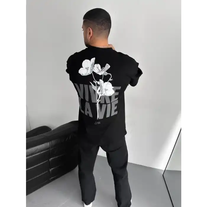 Baskılı Oversize Bisiklet Yaka T-shirt - Siyah